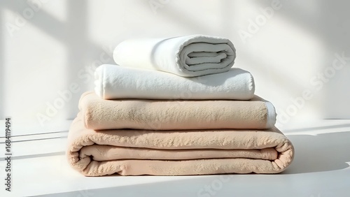 Elegant Simplicity: Minimalist Stack of Soft Towels in Earthy Neutrals