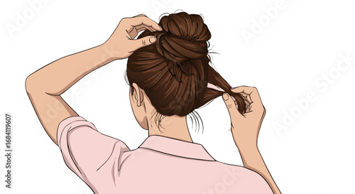 Woman doing hair bun. Young woman styling her hair in a bun at home  