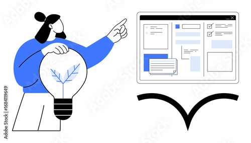 Woman holding a light bulb with a branch inside, pointing to an interactive digital screen featuring layouts and designs. Ideal for innovation, technology, creativity, education, teamwork, strategy