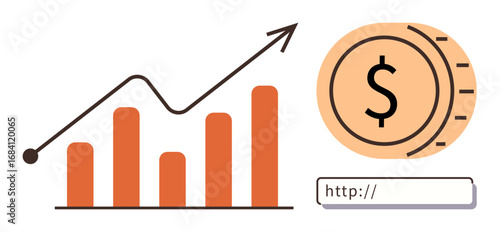 Rising bar graph with upward arrow, coin with dollar sign, and URL bar suggest financial growth, economic strategy, and online business. Ideal for technology, investment, economy, finance analytics