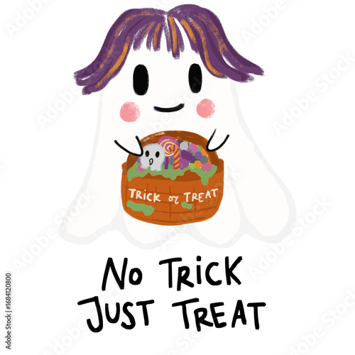 Cute chibi scary halloween white ghost holding trick or treat basket full of candy and sweets. Wearing purple orange wig hairs. No trick just treats funny quotes illustration icon clipart sticker