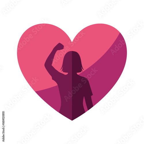 Woman silhouette inside heart shape raising hand for empowerment