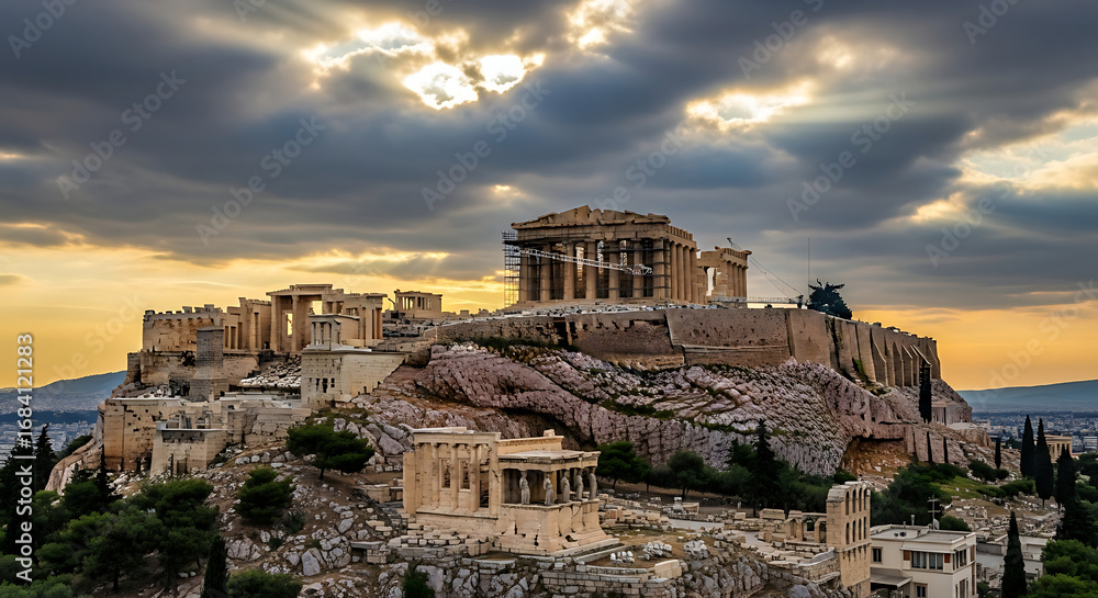 Fototapeta premium The ancient Acropolis of Athens, with the Parthenon temple, under a dramatic and cloudy sunset sky.