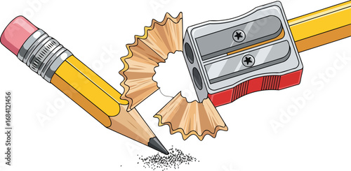 sharpening yellow pencil with red hand crank sharpener