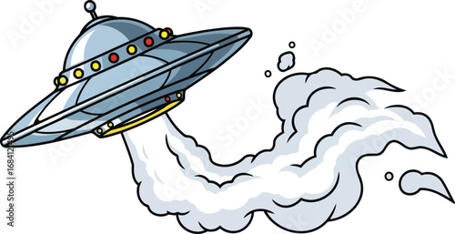 retro flying saucer illustration spaceship taking off with smoke trail
