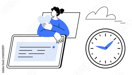 Individual hugging a heart icon near a tablet and clock, symbolizing balance, time management, and care. Ideal for self-care, mindfulness, priority management, love, productivity scheduling simple