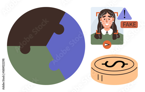 Divided globe as a puzzle, AI facial recognition revealing fake content, and an economy coin. Ideal for ethics, AI, cybersecurity, economy, technology global collaboration innovation. Simple flat