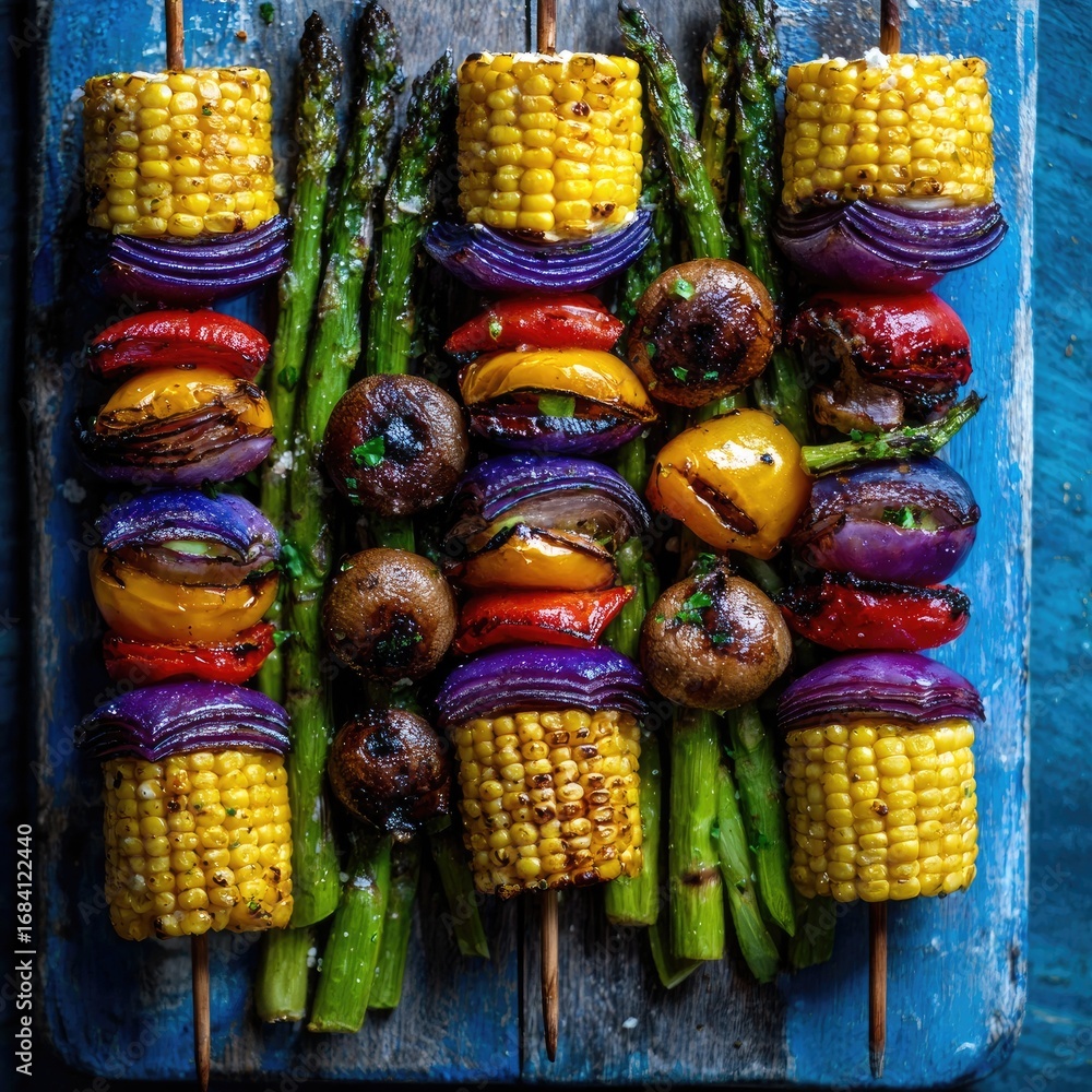 Fototapeta premium Colorful vegetable skewers on a rustic blue board