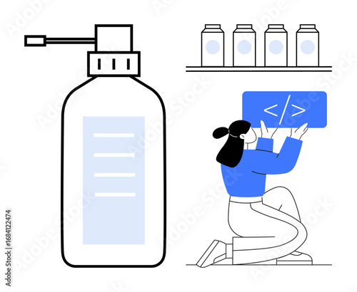 Woman coding with laptop and holding a coding interface, beside a large soap pump and product shelf display. Ideal for technology, hygiene, creativity, workspace, productivity, development, simple