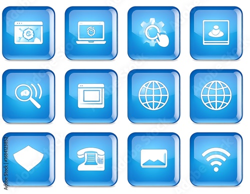 A collection of twelve glossy blue icons representing various technology and internet-related concepts.