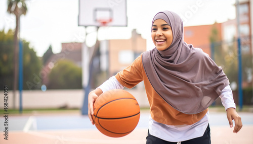Portrait of a Young Woman in Hijab Playing Basketball on an Outdoor Court, Empowering Young Muslim Woman Embracing Sports and an Active Lifestyle