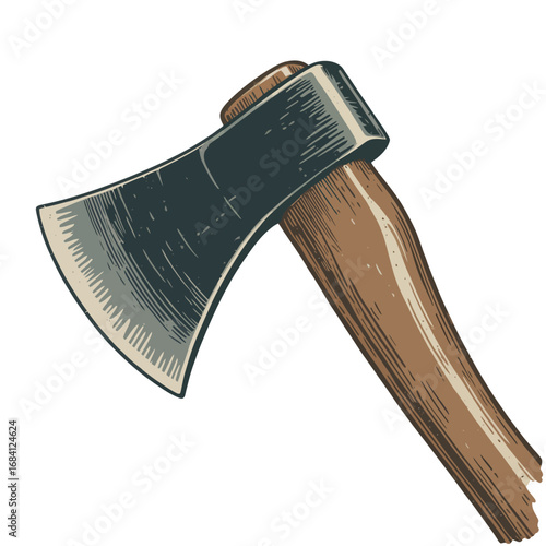 Close up of a sharpened steel axe head with a wooden handle