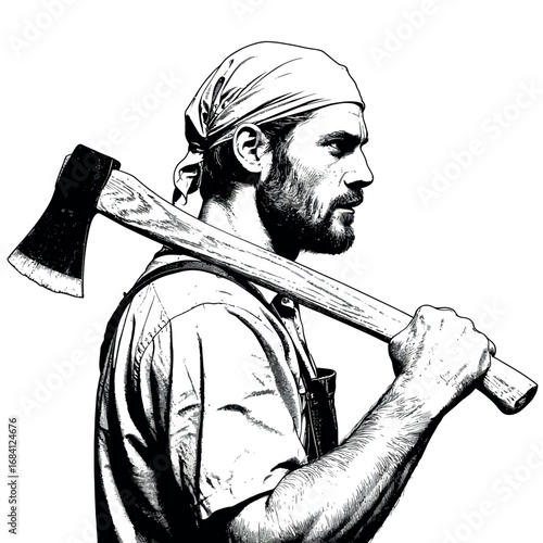 Man with axe on shoulder woodcutter lumberjack portrait