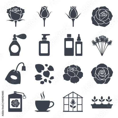Collection of floral and beauty product icons in silhouette style