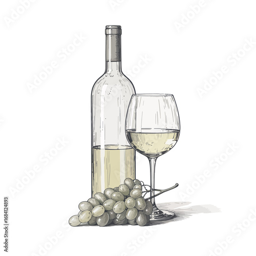 Clear glass bottle of white wine with a full glass and grapes