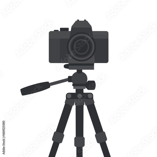 Modern digital camera mounted on a sturdy tripod against a white background