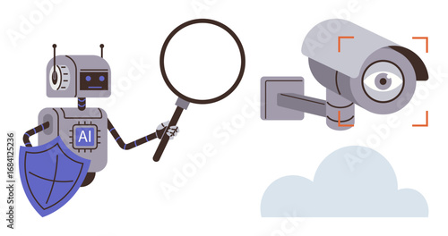 AI robot holding magnifying glass, shield, and inspecting security camera with red detection arc. Ideal for cybersecurity, AI research, data analysis, surveillance, innovation, privacy