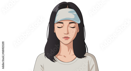 Woman with cold compress. Young woman relaxing with closed eyes and sleep mask on her head  