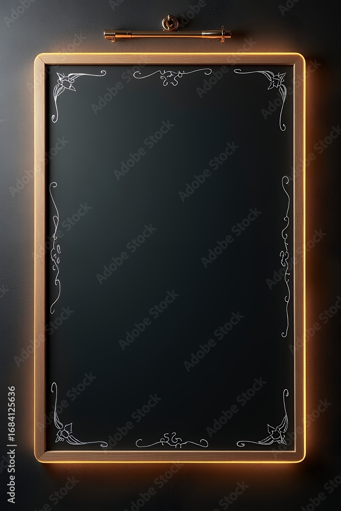 Fototapeta premium Elegant Black Menu Board with Ornate Frame and Warm Lighting
