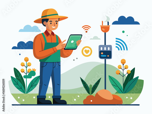 Farmer using tablet technology in smart agriculture field with wireless sensors
