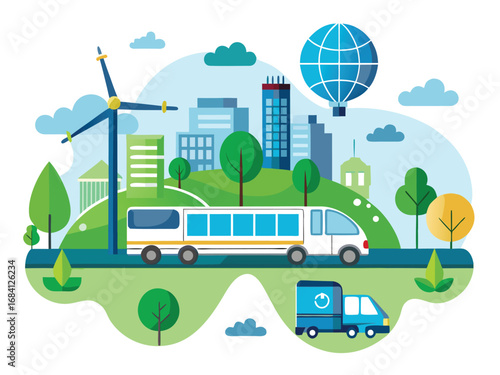 Eco-friendly urban transportation scene with bus train wind turbine and cityscape