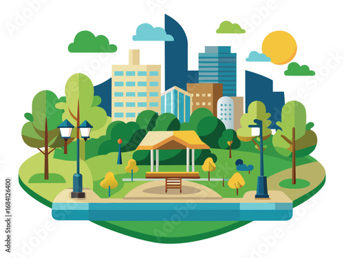 Vibrant community park design with city skyline and green spaces for recreation