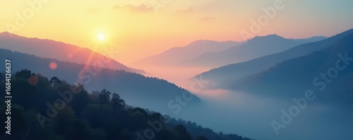 Golden hour light bathes ethereal blue mountains, soft mist swirls , beauty, painting, atmosphere