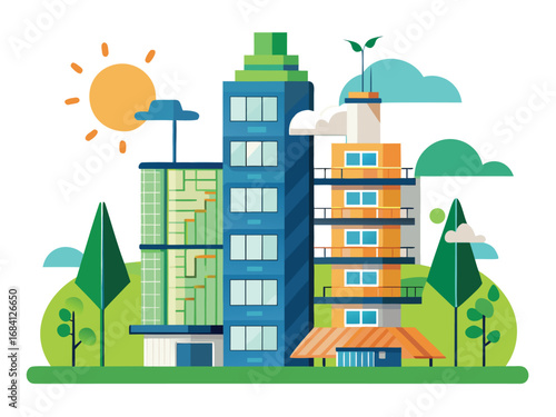 Modern eco-friendly high-rise buildings with green spaces and sunlight