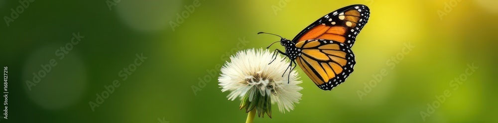 Fototapeta premium A monarch butterfly rests on a fluffy dandelion seed head , flower, monarch