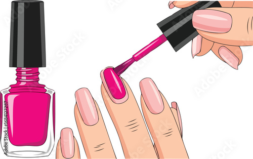 woman applying vibrant pink nail polish, beauty and style, manicure process