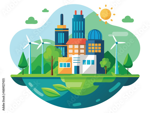 Future eco city powered by green energy with wind turbines and sustainable architecture
