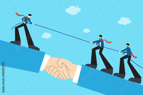Teamwork and Business Partnership Concept – Businessmen Pulling Rope on Handshake Bridge, Symbol of Collaboration, Leadership, Corporate Success, and Strategic Cooperation for Growth and Achievement