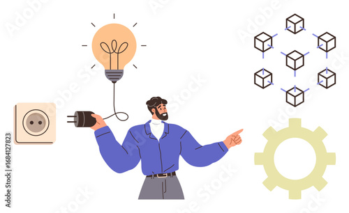 Man holding plug near socket, lightbulb, blockchain nodes, large gear. Ideal for innovation, technology, energy, teamwork problem-solving creativity digital transformation. Simple flat metaphor