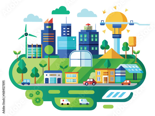 Vibrant eco-district map showcasing sustainable urban living and green technology