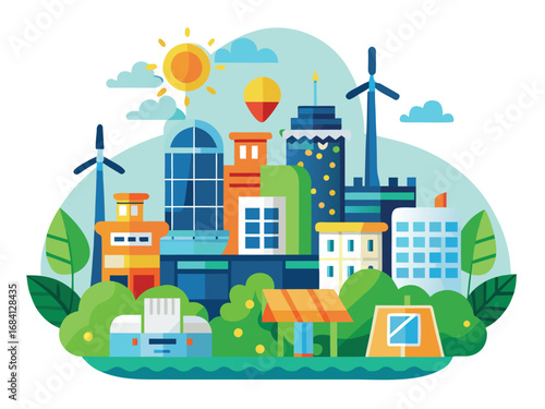 Modern cityscape powered by smart renewable energy sources and sustainable technologies