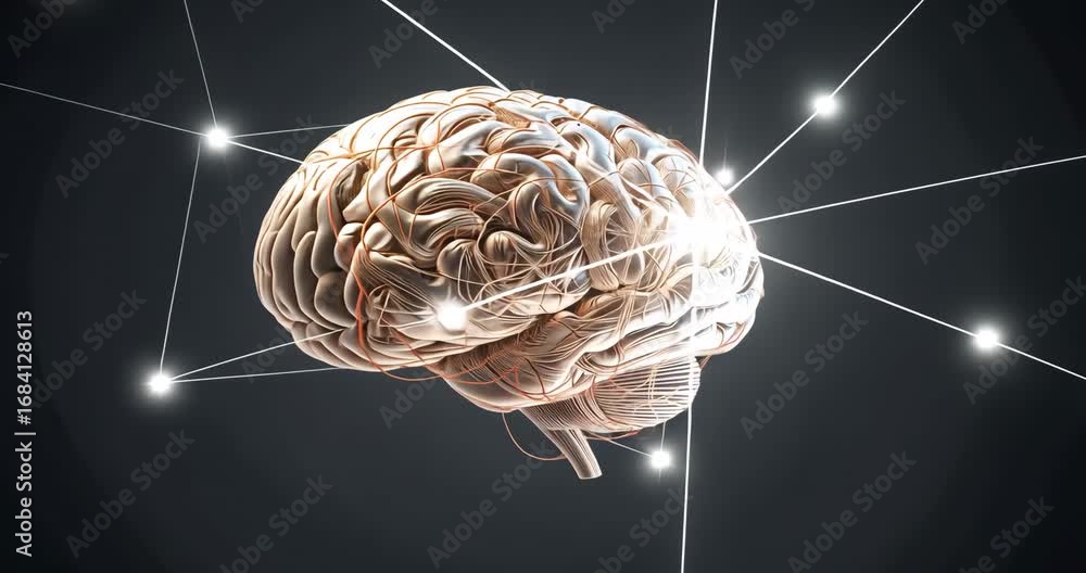 Opening frame initiating rotating 3D brain model in dark grey studio, pulsing network nodes