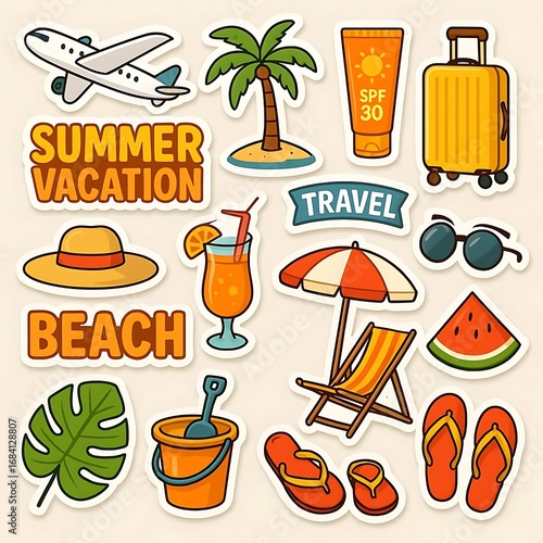 Summer Vacation Stickers Set – Tropical Holiday and Beach Travel Collection with Plane, Luggage, Sunscreen, and Other Travel Elements Vector Illustration