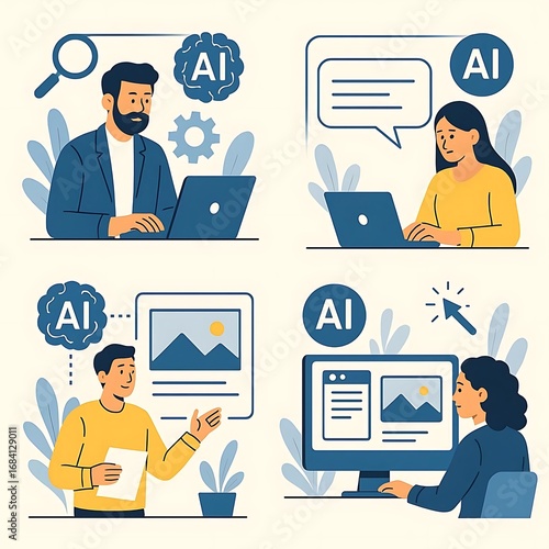 AI technology in business and marketing set. Characters using artificial intelligence, algorithms, generative tools to searching, writing prompts, generating content. Vector illustration