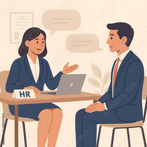 Hr Manager Talking Interview with Job Candidate. Man and Woman Characters have a Dialogue. People Recruitment Process. Human Resource Management and Hiring Concept. Flat Cartoon Vector Illustration