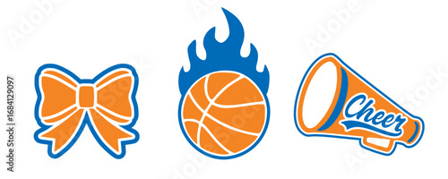 Basketball Cheerleading illustration. Orange and Blue Cheerleader Megaphone and Bow and Basketball.