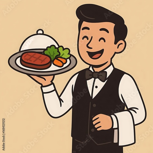 vector illustration of a waiter holding a tray with food