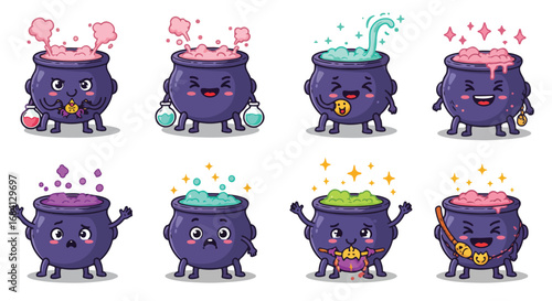 Set of cute kawaii cauldron characters with bubbling magic potions, expressing various emotions for a whimsical halloween celebration