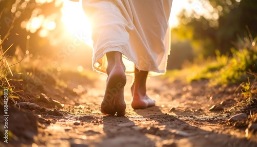 Barefoot figure walking a dusty path in golden sunlight