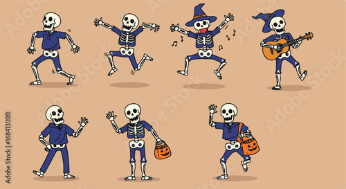 Eight expressive cartoon skeletons bring the joy of Halloween to life through dancing, playing music, and collecting treats, ideal for festive designs