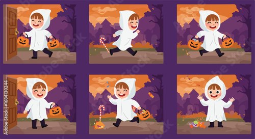 A delightful series illustrating a child's magical Halloween journey, from eagerly collecting treats door-to-door to gleefully enjoying the sweet treasures