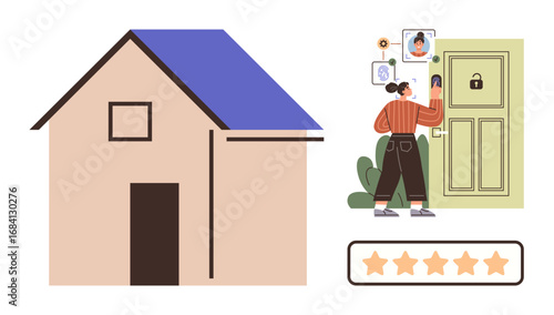 User operating smart lock with phone outside home, featuring house exterior, secure door, 5-star rating. Ideal for technology, security, convenience, home automation, innovation safety