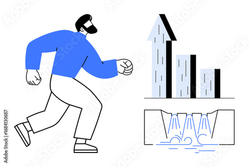 Man running toward upward bar chart symbolizing growth, energy, and success. Water flow underneath suggests dynamic processes. Ideal for business, progress, ambition, strategy, motivation goal