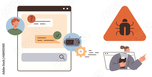 Chat interface with user queries, robot scanning, bug alert sign, and professional woman addressing the issue. Ideal for cybersecurity, troubleshooting, error warning, IT support, system monitoring