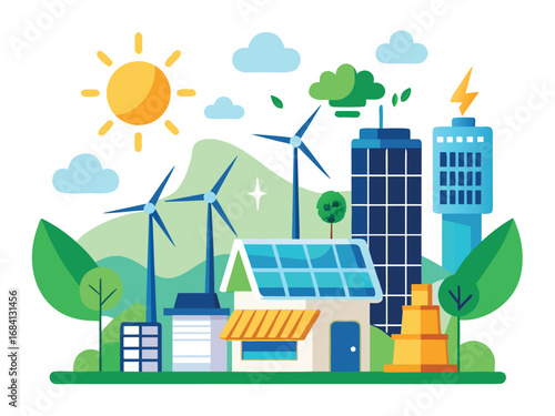 Eco-smart urban living featuring renewable energy sources and green buildings