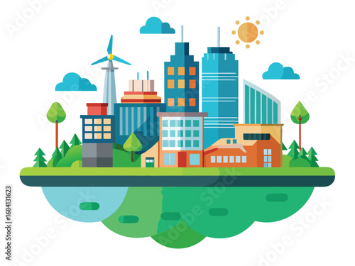 Sustainable cityscape with green energy and modern architecture by the water